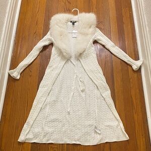 Forever 21 Cream Long Cable Knit Coat with Faux Fur Collar